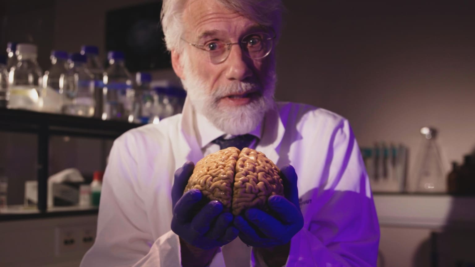 Erik Scherder met echte hersenen in het Nederlands Herseninstituut